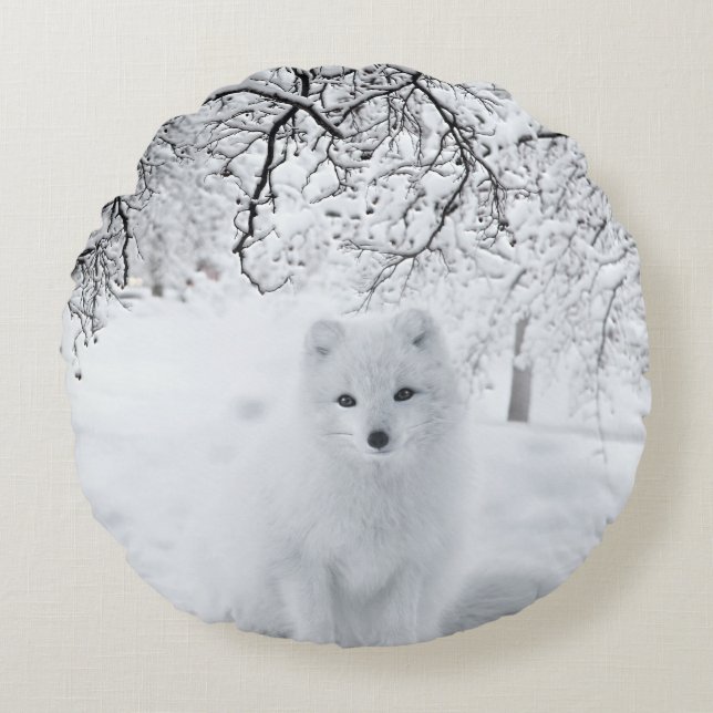 Coussins Ronds Renard des neiges dans les bois d'hiver (Devant)