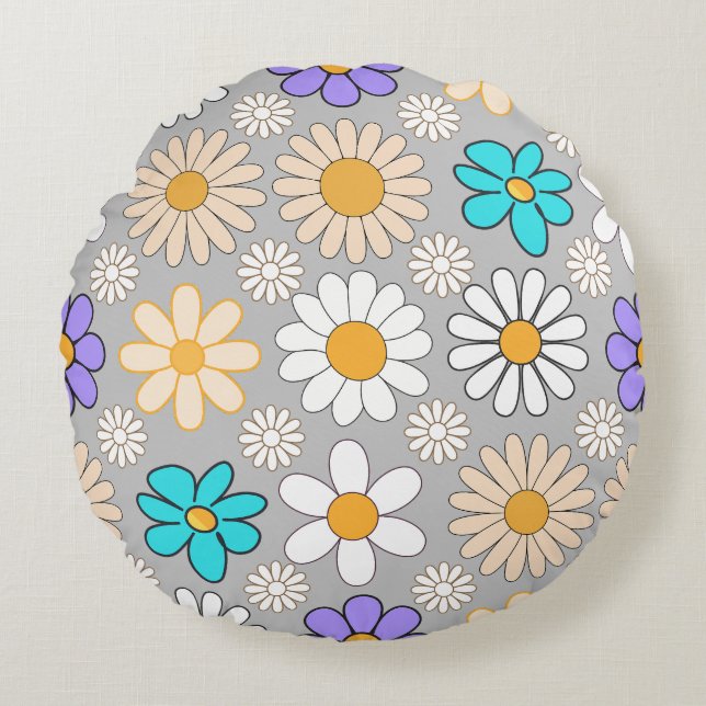 Coussins Ronds Retro Daisy Motif Simple.01. Gray BG (Devant)