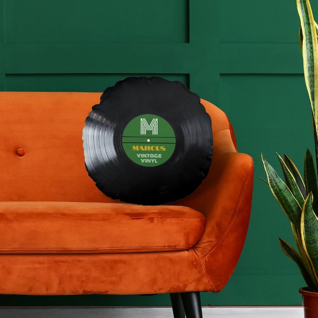 Coussins Ronds Rétro Monogramme Enregistrement Album Vert (Créateur téléchargé)