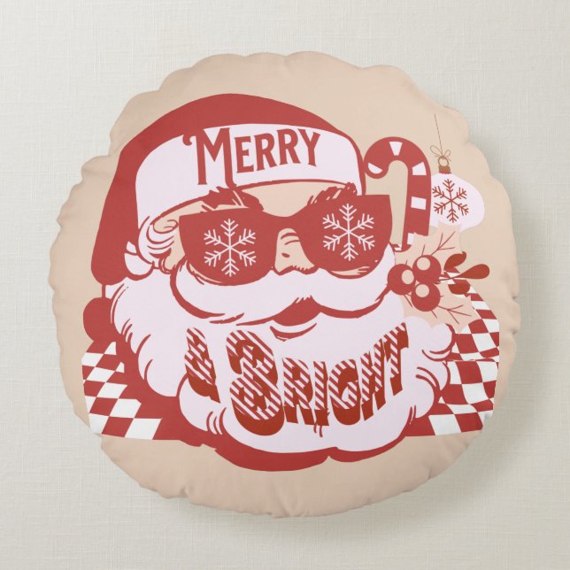 Coussins Ronds Retro Père Noël Merry et Bright Super (Devant)