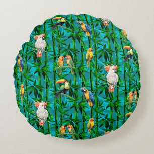 Coussins Ronds Rêves de Forêt Tropicale Bambous Oiseaux