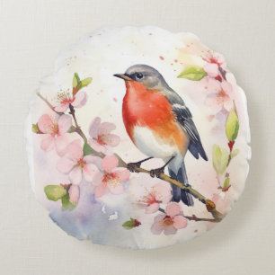 Coussins Ronds Robin d'aquarelle sur la branche de fleur de ceris