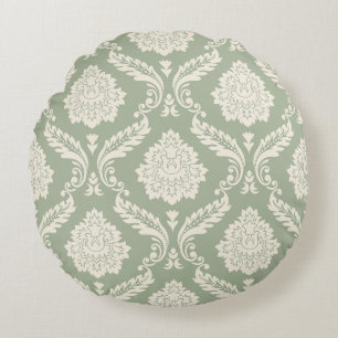 Coussins Ronds Rococo Damassé Grand Motif Crème sur Vert