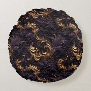 Coussins Ronds Rococo Realms : Golden Dark Purple Floral perles