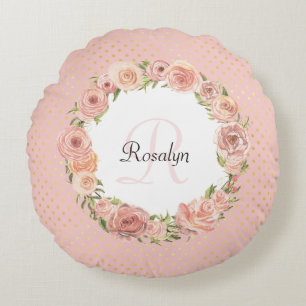 Coussins Ronds Romantique rose pointillé Rose Floral Nom Monogram