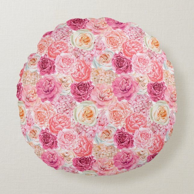 Coussins Ronds Rose Blanc Rosé Magenta Fleurs Floral  (Devant)