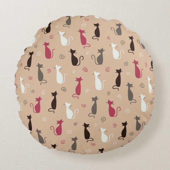 Coussins Ronds rose de motif de chats (Devant)