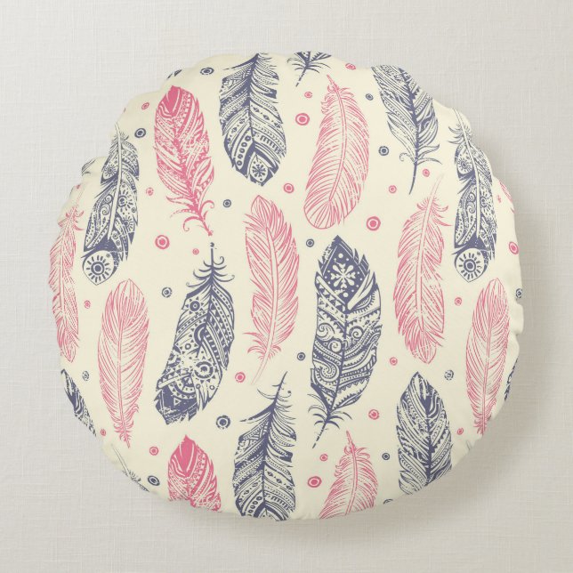 Coussins Ronds Rose et motif ethnique pourpre de plume (Devant)