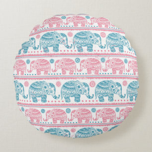 Coussins Ronds Rose et motif ethnique turquoise d'éléphant