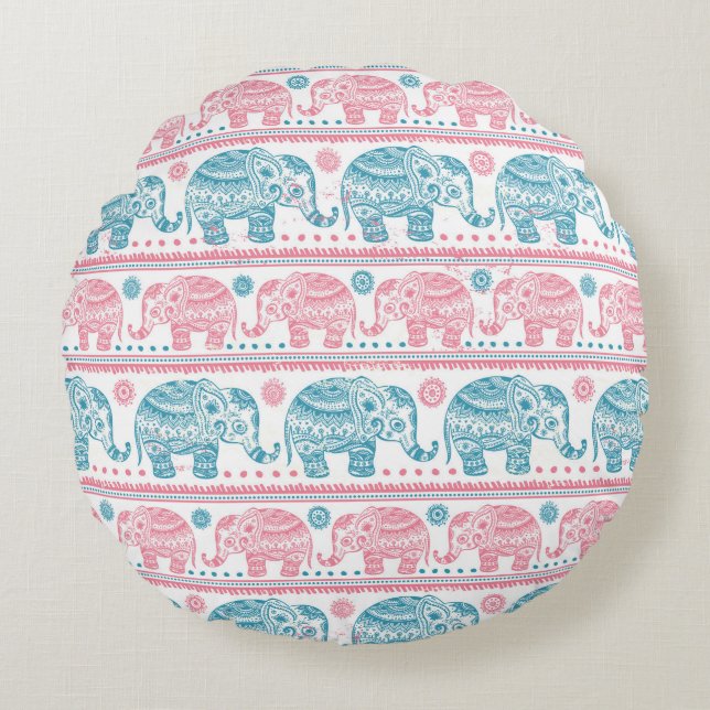 Coussins Ronds Rose et motif ethnique turquoise d'éléphant (Devant)