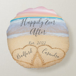 Coussins Ronds Rose Pâle Élégant Plage Couple Cœurs Sable 