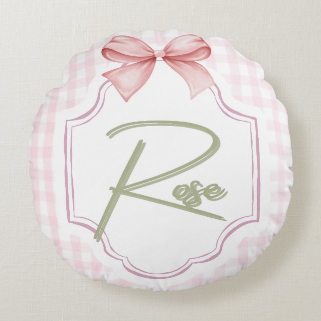 Coussins Ronds Rose personnalisé Baby Girl Nursery Bow&En vichy (Devant)