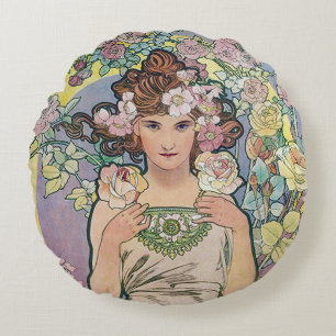 Coussins Ronds Rose (Quatre Fleurs), Oreiller Alphonse Mucha
