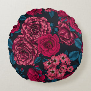 Coussins Ronds rose, rouge et bi-color roses with blue leaves on