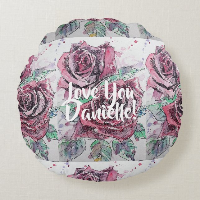 Coussins Ronds Rose Rouge Floral Aimer Vous Femmes Nom Cuisine (Devant)