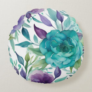 Coussins Ronds Roses Bleues Fleurs Aquarelles Violettes 