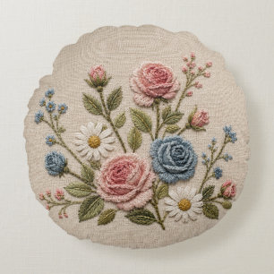 Coussins Ronds Roses Brodées Blush & Bleu