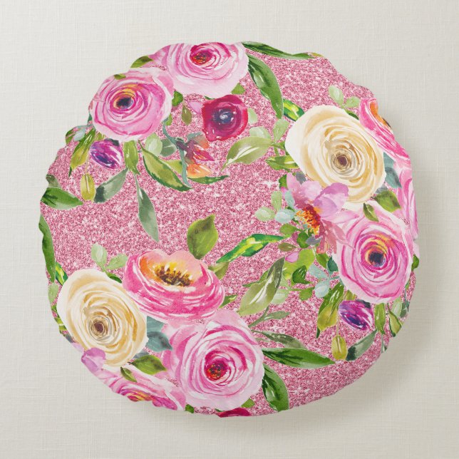 Coussins Ronds Roses d'aquarelle en Parties scintillant rose et c (Devant)