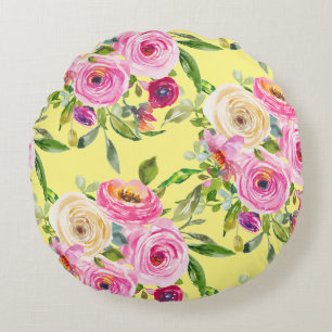 Coussins Ronds Roses d'aquarelle en rose et crème sur jaune