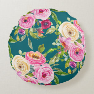 Coussins Ronds Roses d'aquarelle en rose et crème sur Turquoise