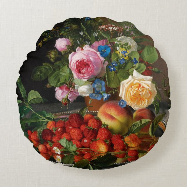 Coussins Ronds Roses et fraises de Still Life par Otto Ottesen (Devant)
