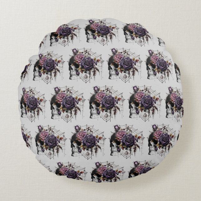 Coussins Ronds Roses gothiques simples et crâne fête d'Halloween (Devant)