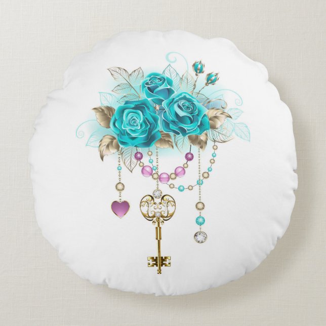 Coussins Ronds Roses turquoise avec touches (Devant)