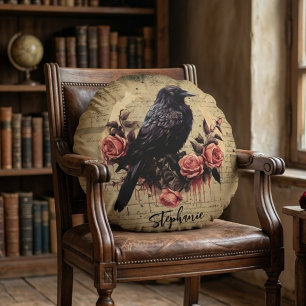 Coussins Ronds Roses Vintage Corbeau Noir, Fleur de Corbeau Gothi