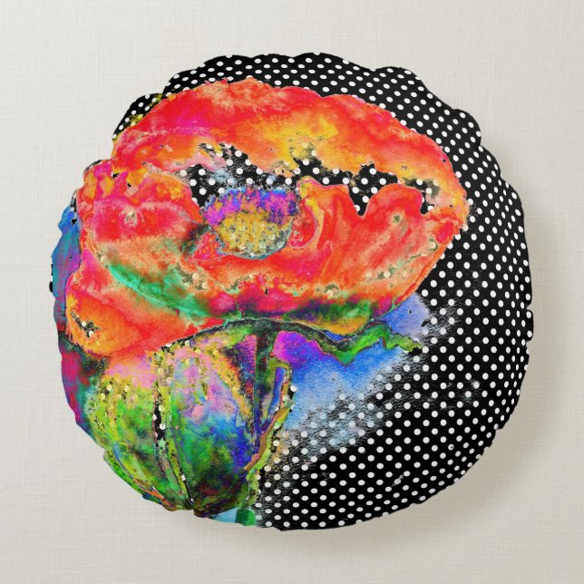 Coussins Ronds Rouge Populaire floral aquarelle polka accent poin (Devant)