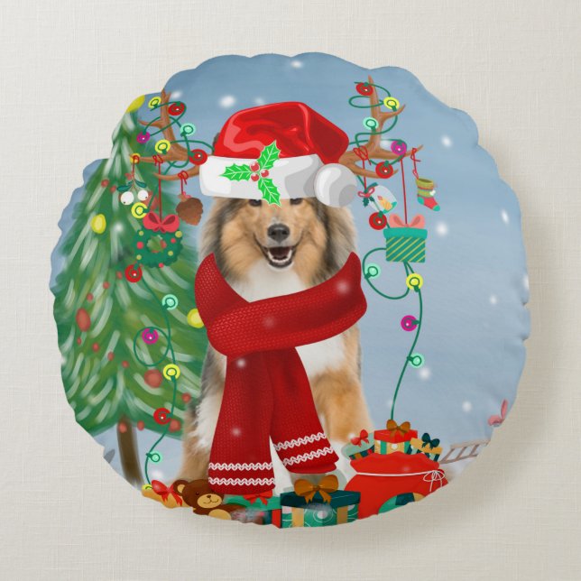 Coussins Ronds Rough Collie Chien dans neige cadeau de Noël (Devant)