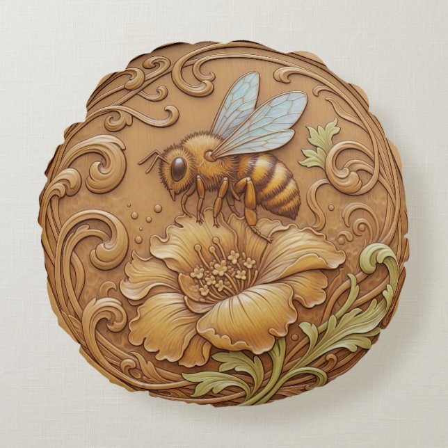 Coussins Ronds Round Cushion wood carving effect - bee (Devant)