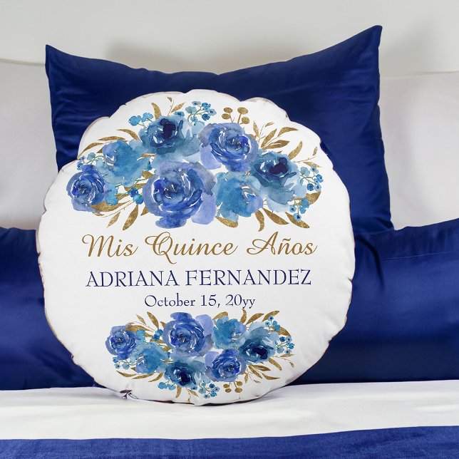 Coussins Ronds Royal Blue Floral Gold Leaf Quinceanera Keepsaké (Blue floral personalized pillow from my Rose and Gold Leaf quinceanera collection)