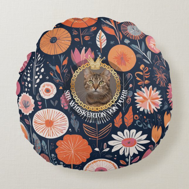 Coussins Ronds Royal Cat Dark Navy Floral Aristocrat Pattern Art (Devant)