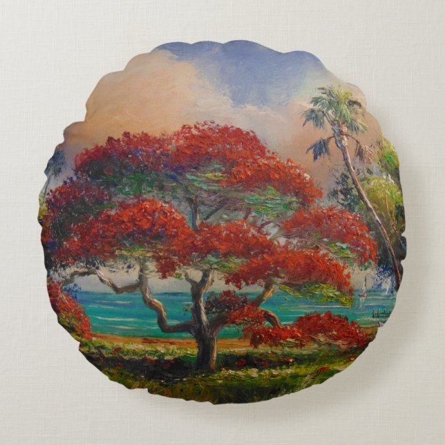 Coussins Ronds Royal Poinciana Tree & Boat par Mazz (Devant)