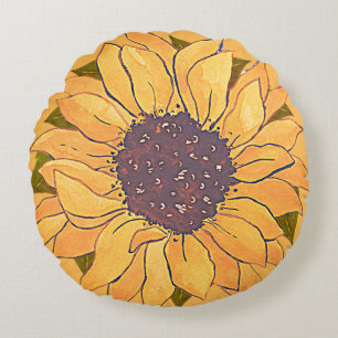 Coussins Ronds Russe Golden Yellow Sunflower aquarelle fleurie R