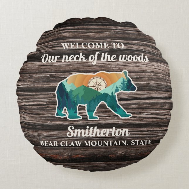 Coussins Ronds Rustic Bear Mountains Compass Nom de famille Bienv (Devant)