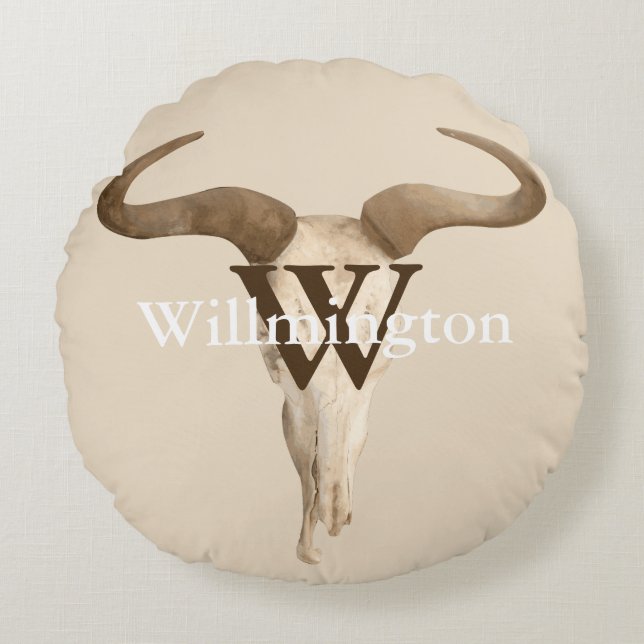Coussins Ronds Rustic Western Prairie Cow Crâne Nom de famille (Devant)