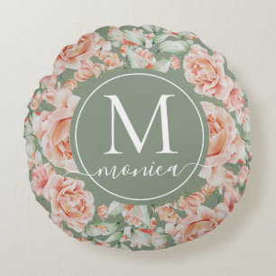 Coussins Ronds Sage Vert Floral Aquarelle Rose Motif Monogramme