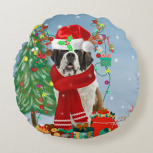 Coussins Ronds Saint Bernard Chien à Noël de neige