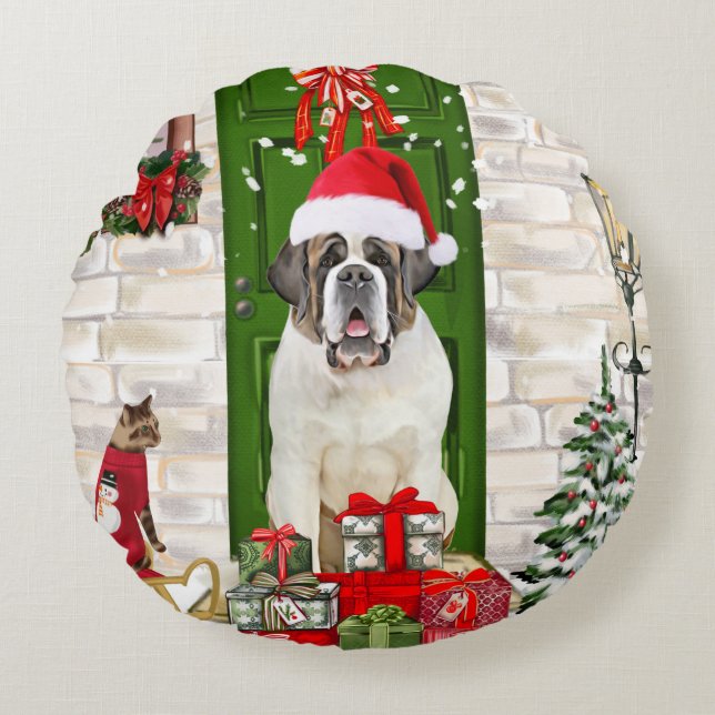Coussins Ronds Saint Bernard Chien Oreille de Noël (Devant)