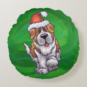 Coussins Ronds Saint Bernard mignonne à Santa Chapeau sur Vert