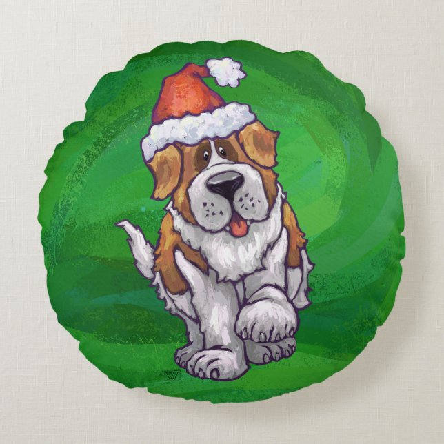 Coussins Ronds Saint Bernard mignonne à Santa Chapeau sur Vert (Devant)