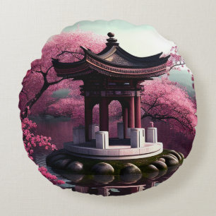 Coussins Ronds Sakura Cherry Blossom Garden Shrine Pond Japonais
