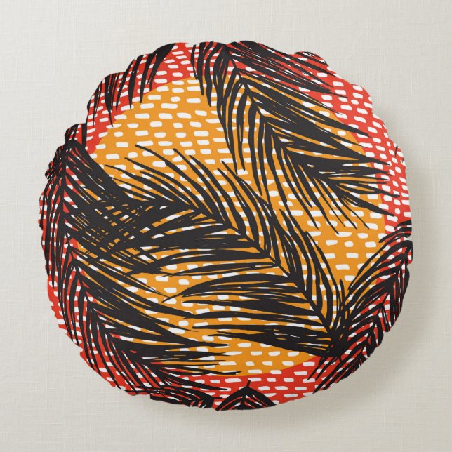 Coussins Ronds Sans couture avec feuilles de palmiers noirs et co (Devant)