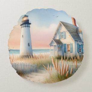 Coussins Ronds Scène aquarelle d'un phare et d'un cottage au bord