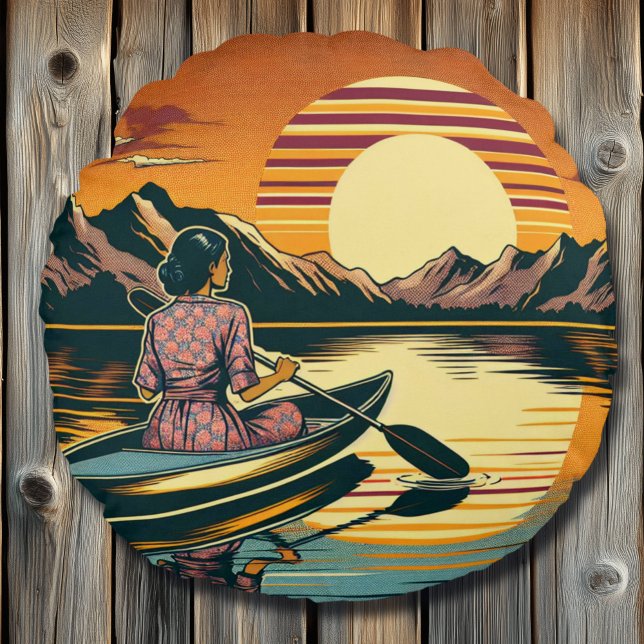 Coussins Ronds Scène Camping vintage Femme Kayak (Créateur téléchargé)