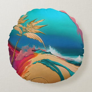 Coussins Ronds Scène de plage tropicale abstraite vibrante