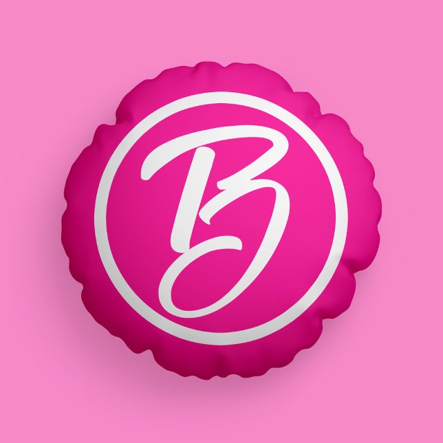 Coussins Ronds Script Chic Rose Blanc Monogramme (Mockup of pillow on pink background)