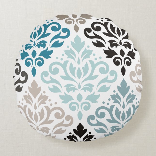 Coussins Ronds Scroll Damask XLg Motif Art Teals Browns White (Devant)