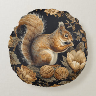 Coussins Ronds Scuirrel and Flowers Pattern, Vintage,Gold black